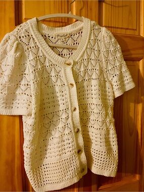 Marled Ivory Openwork Knit Short-Sleeve Cardigan